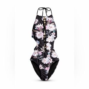 Rachel Roy Black Floral Cutout One-Piece Swimsuit Size XL
